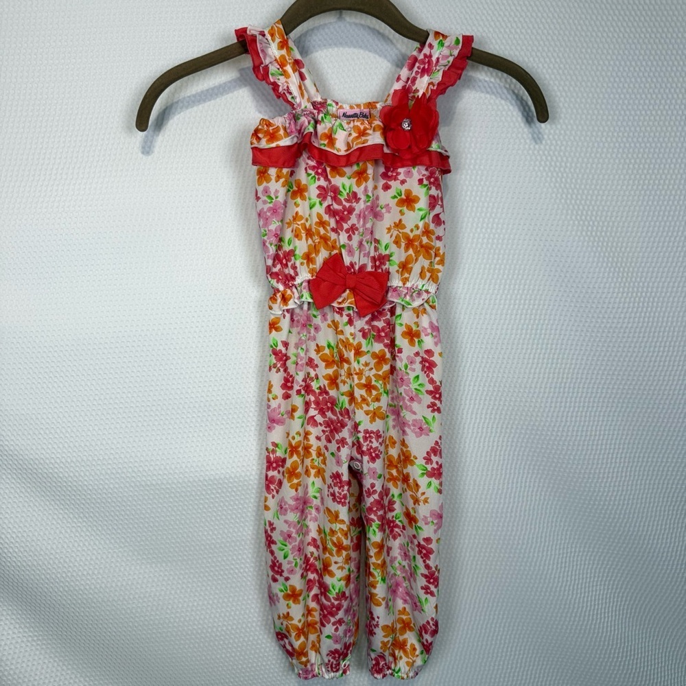 Nanette Baby Floral Romper/Jumper – Size 24M Pink Orange Ruffle Bow Summer